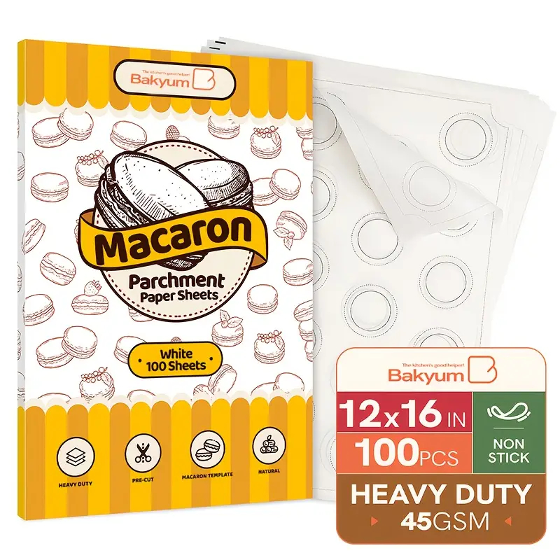 100 sheets heavy duty non stick pre cut parchment baking paper 12x16 inch macaron printed with rounded corners non toxic natural pine resin wood based for oven air fryer steaming bread cupcakes holiday baking halloween christmas easter thanksgiving safe for sensitive light beige individually wrapped Product details 1