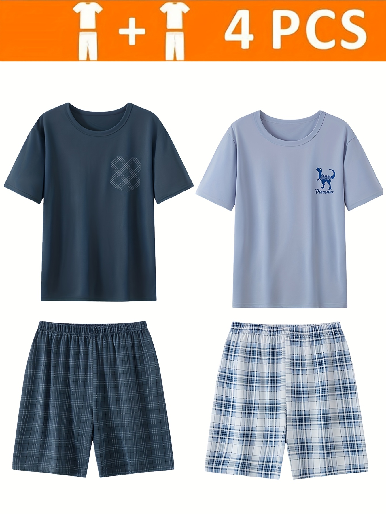 conjunto de ropa para hombre de 4 piezas: 2 camisetas de manga corta + 2 pantalones cortos. estampado de dinosaurio a cuadros para  , verano y otoño. ideal para estar en casa.