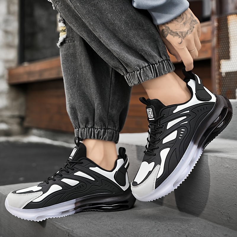 Men's Breathable High-Elasticity Shock-Absorbing Casual Sneakers - Lightweight Low-Top Outdoor Running Shoes with Cushioned EVA Sole, Durable PU Upper & Fabric Lining for Hiking, Daily Wear (Black/Golden Accents)