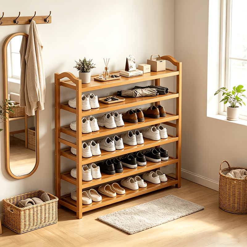 item picture 1pc premium natural bamboo multi tier freestanding entryway shoe storage rack extra wide decorative   shelf with smooth curved handrail frame open tiered classified footwear organizer for sneakers flats daily footwear