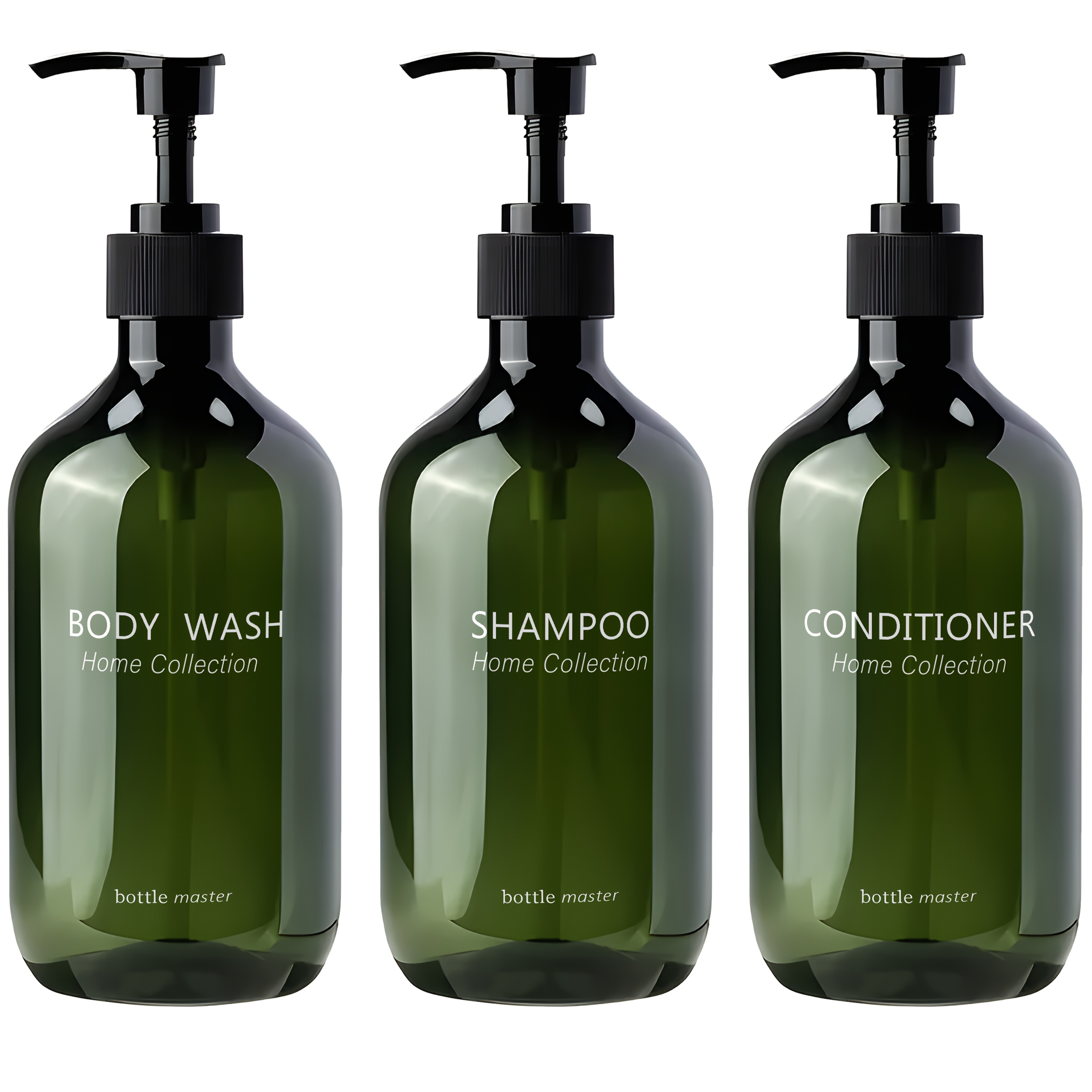 3pcs 500ml green plastic refillable shampoo & conditioner dispenser bottles with black pumps - reusable shower gel & body wash containers for bathroom, shower, or travel,  , modern bathroom accessories, durable plastic material 0