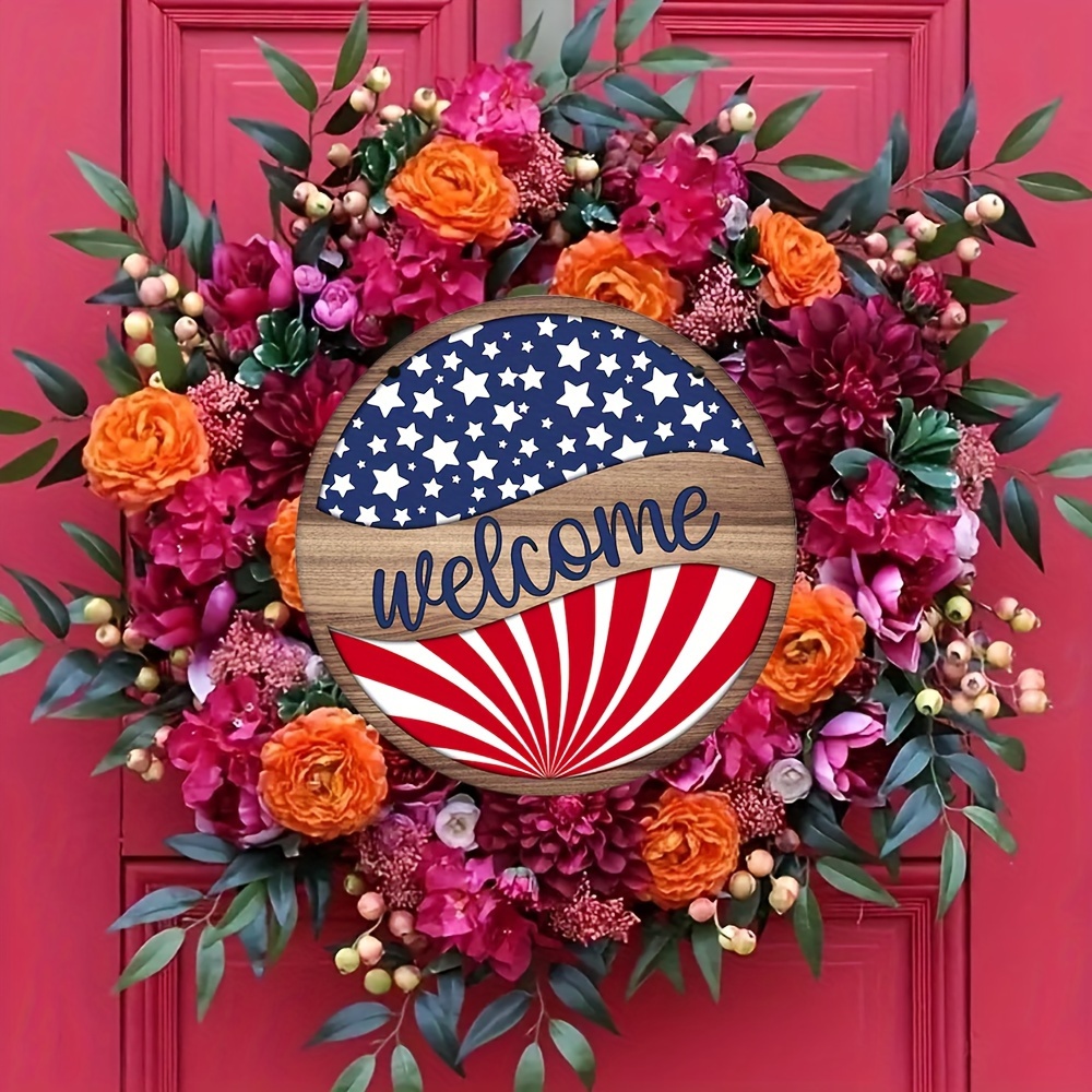 

1pc, American Flag Welcome Sign, (8 "x8" /20cm *20cm) July Independence Day, Round Wooden Wreath, Wreath Center, Holiday Decoration, Wall Art Decoration, Front Door Welcome Listing