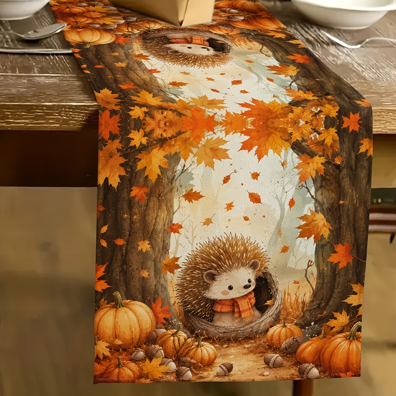 TEMU 1pc Fall Hedgehog Pumpkin Maple Leaf Table Runner, 100% Polyester Rectangular Dresser Scarf, Farmhouse Thanksgiving Harvest Dining Table Decor,