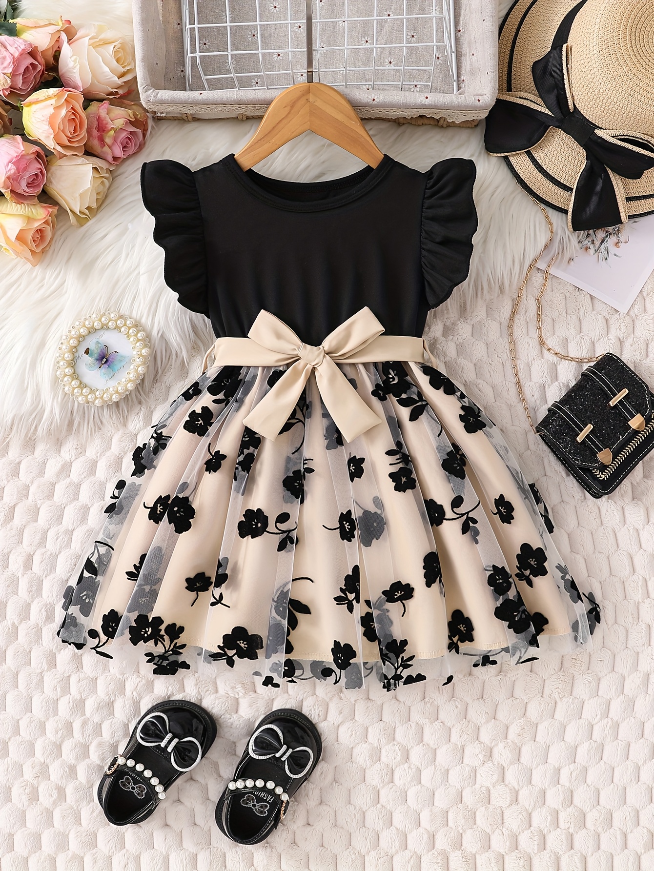 Girls' Summer Fashion Flutter Sleeve Floral Print Mesh * Dress + Belt 2pcs  Set for Baby Outing