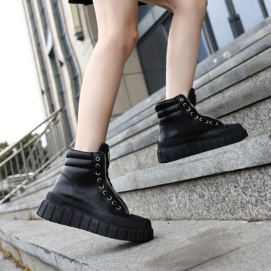 Botines altos de plataforma negros para mujer con gruesa, cordones y  cierre de cremallera, detalles metálicos y tacón Botas versátiles - Main Image