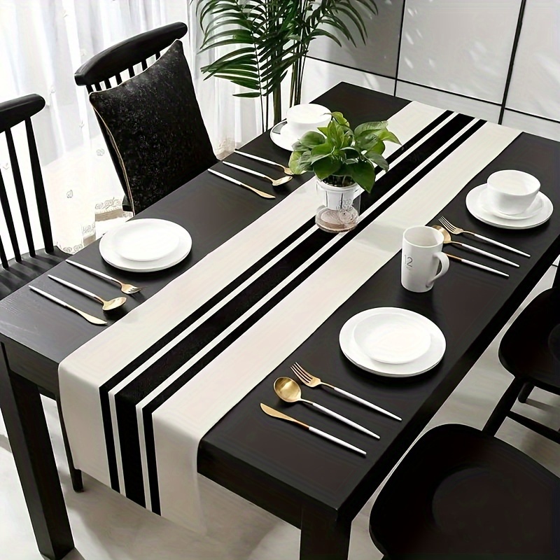 

Elegant Black And White Striped Table Runner - Modern Minimalist Design For Your Dining Table Or Dresser - Made Of Durable Polyester Material