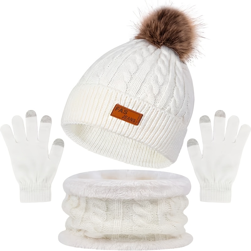 TEMU Women's Autumn And Winter Hat, Scarf, And Gloves Set With Pom-pom Hat, Touchscreen Gloves, And Fleece Neck Warmer. Suitable For Adults And Teens