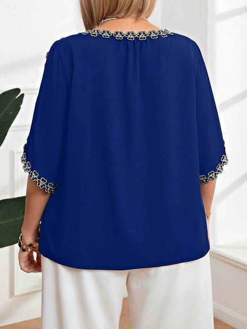 plus size womens floral lace petal sleeve blouse lightweight breathable round neck casual shirt machine washable spring summer solid color top warm weather top feminine style stylish lovers