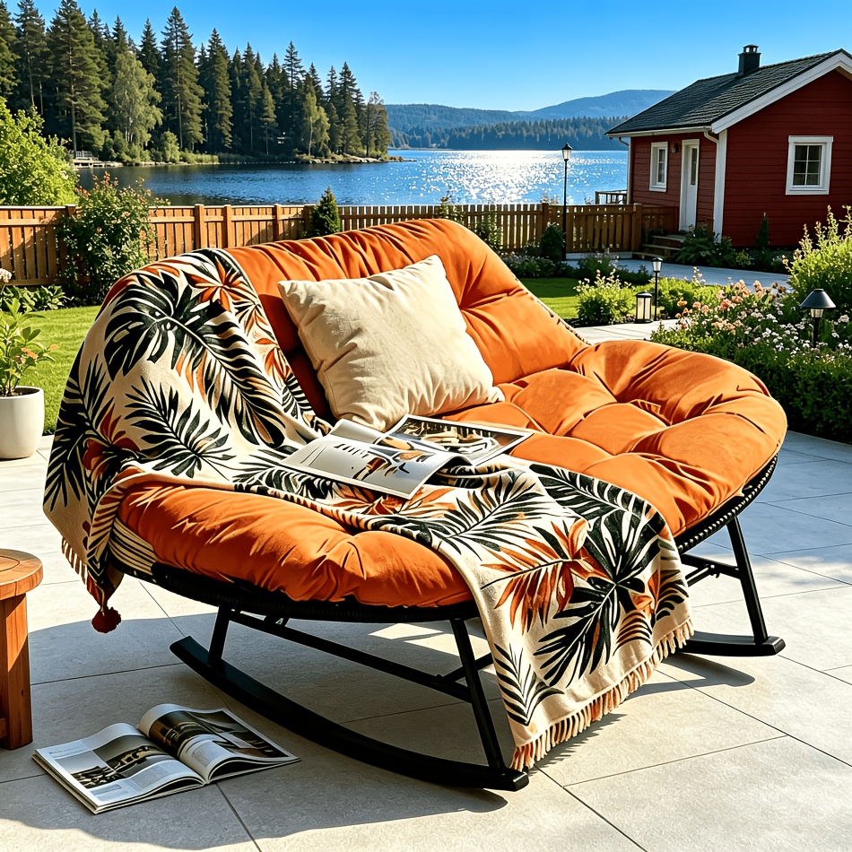 Image of 2-person Papasan Full Pe Rattan Oversized Rocking Chair With Cast Iron Painted Coating Lounge Rocker Chair Frame For Garden Patio Outdoor
