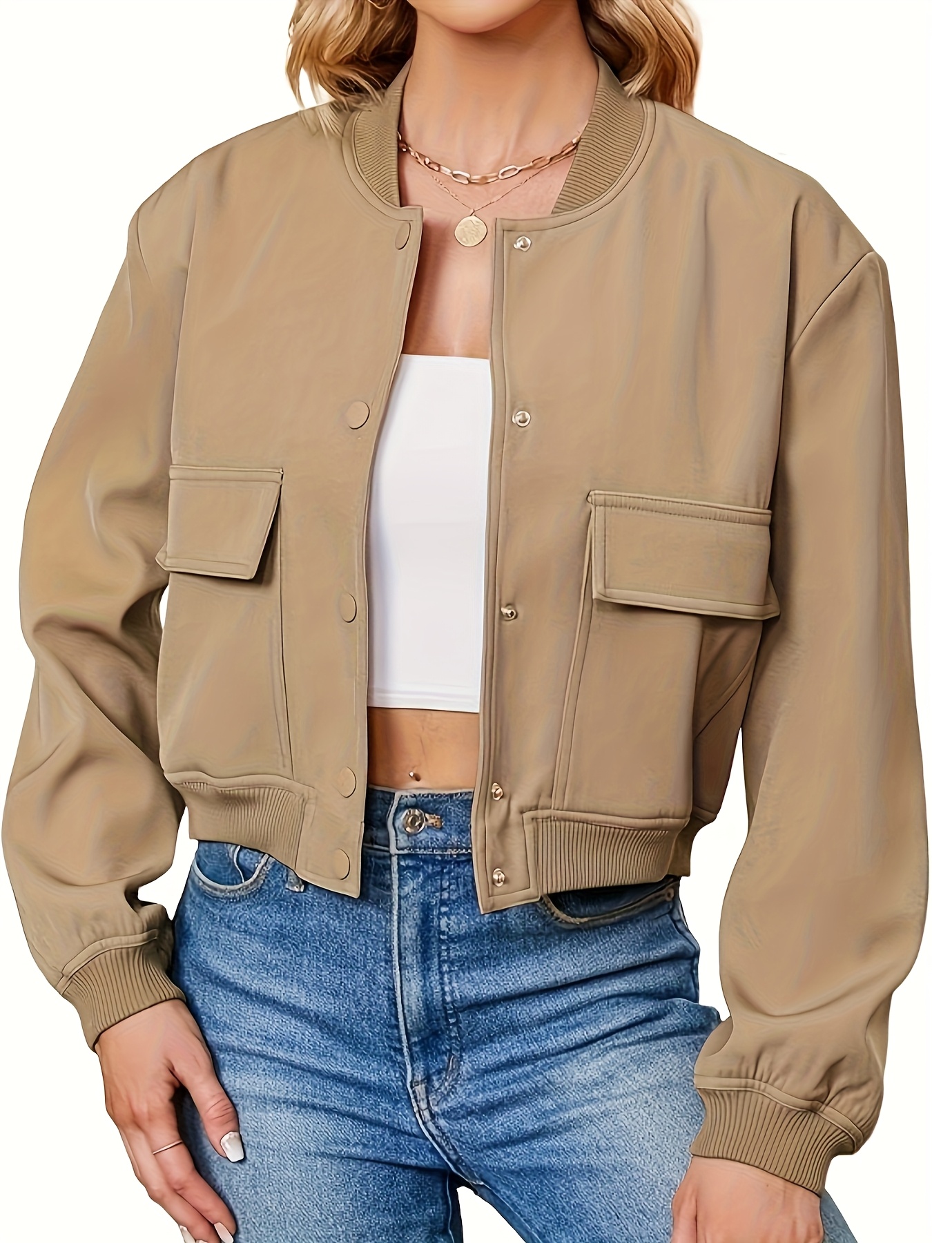 womens casual beige front pockets long sleeve Temu United Kingdom