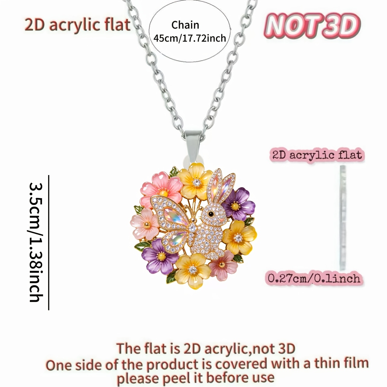 2D Floral Pattern Acrylic Chain Pendant Necklace, Unisex