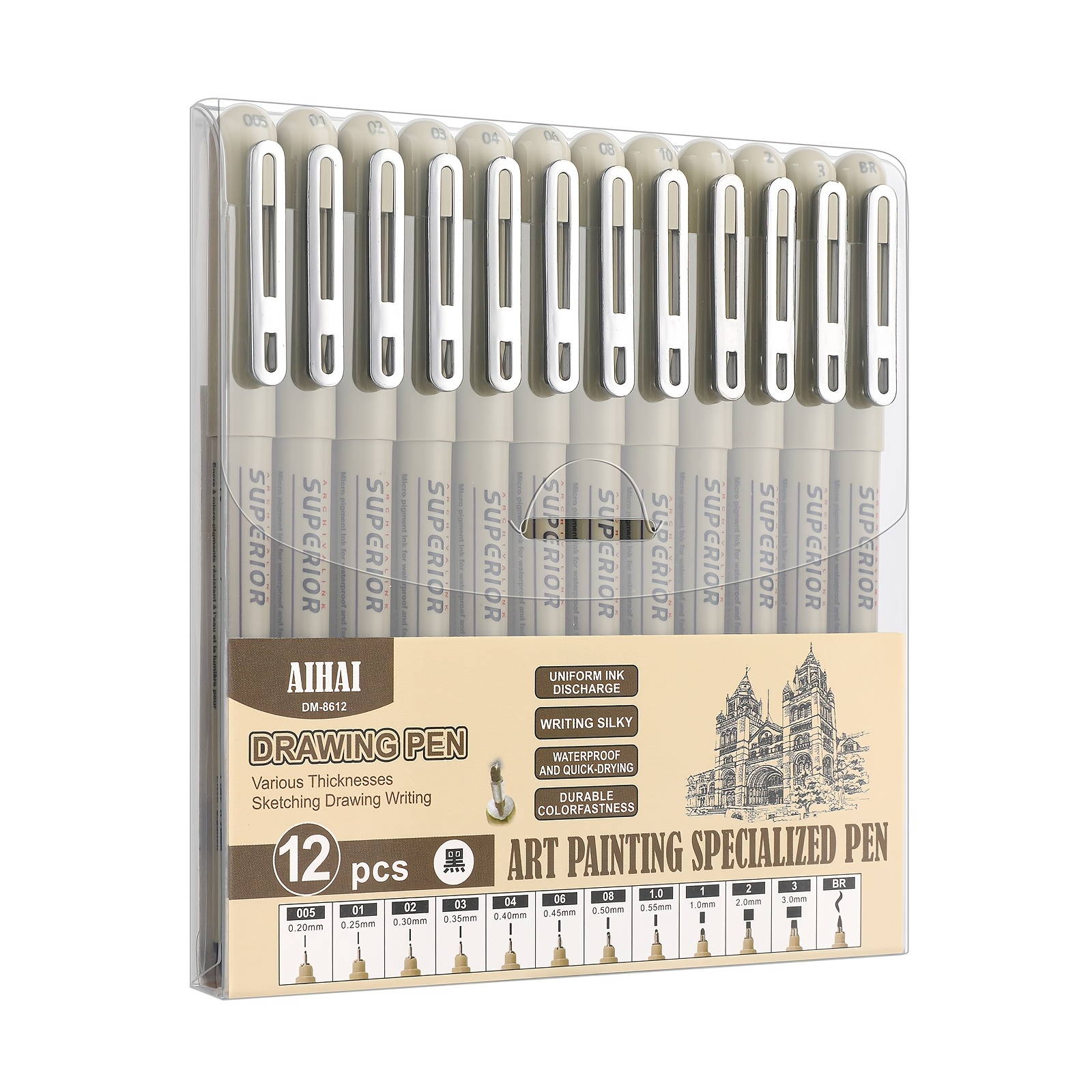 TEMU Lot de 12 stylos micro-ligne avec pointe fine et pointe pinceau de 0,2 mm à 3,0 mm, marqueurs imperméables à séchage rapide, adaptés pour le