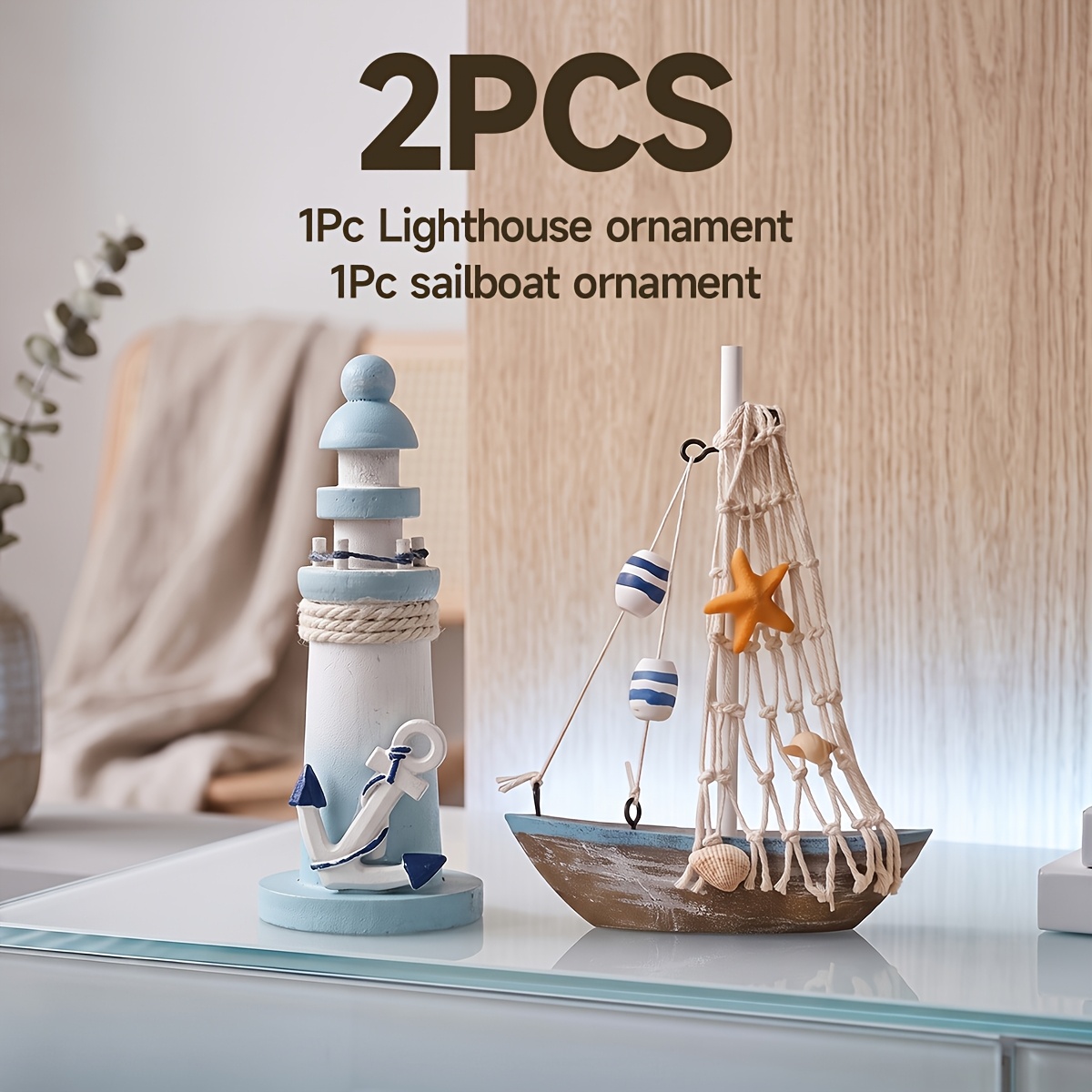 TEMU 2pcs Nautical Desktop Decoration Set, Retro Wooden Lighthouse And Sailboat Sculpture Set, Exquisite Handmade , Suitable For Bathroom, Living