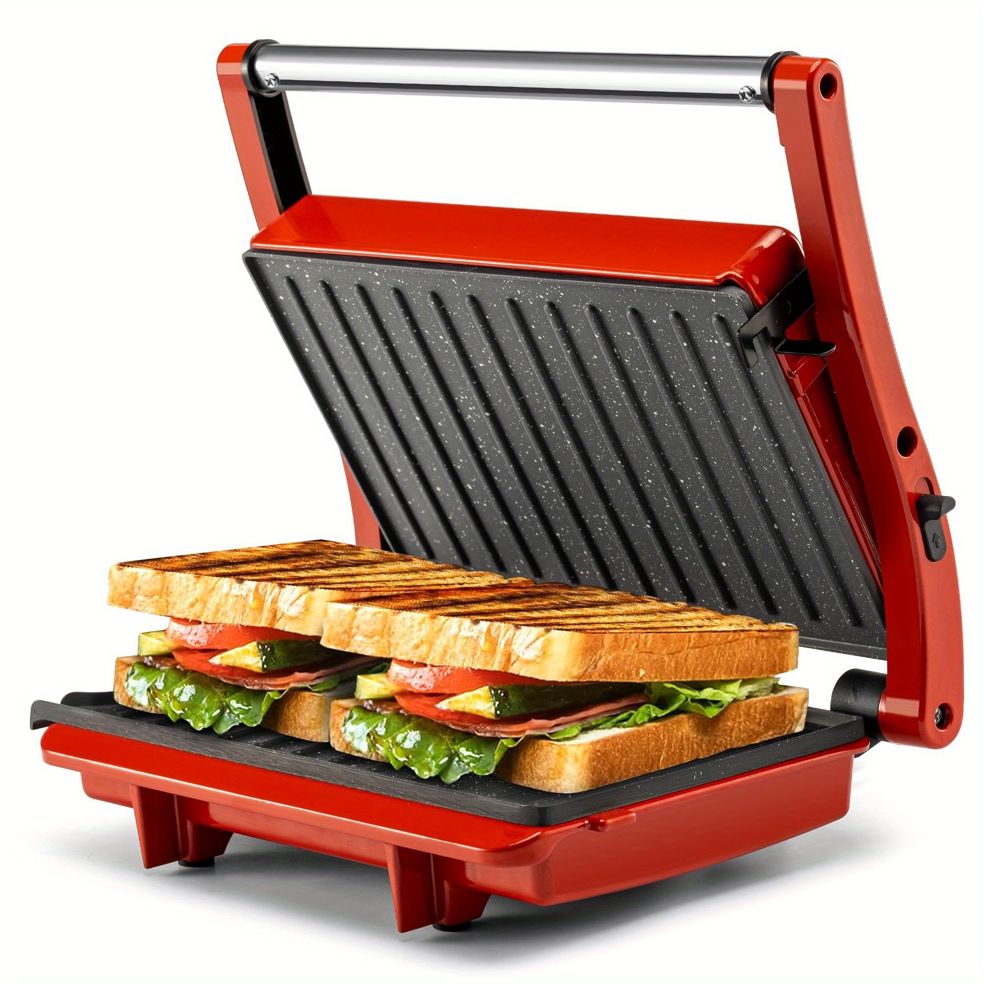 TEMU 3-in-1 Electric Indoor Grill & With Stainless Steel Plates, 180° Opening Angle, Floating Hinge & Grease Tray - 120v Plug-in Sandwich Maker With