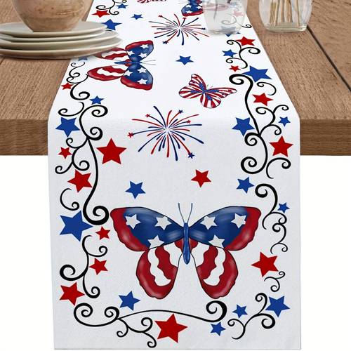 1pc linen memorial decorative table runner celebration red blue with stars and fireworks 13x48 72 108 inch for dining tables weddings and parties holiday table accessory patriotic design linen fabric