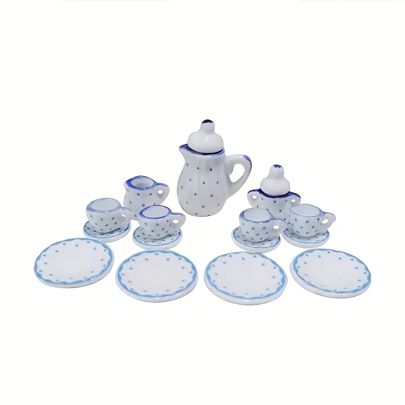Image of [ceramic Tea Set] 15pcs Set, Exquisite Simulation Tea Set With Polka Dots, Mini House Afternoon Tea Accessory, Home Decoration, Very Suitable For Mini House Decoration - Not In Contact With Food