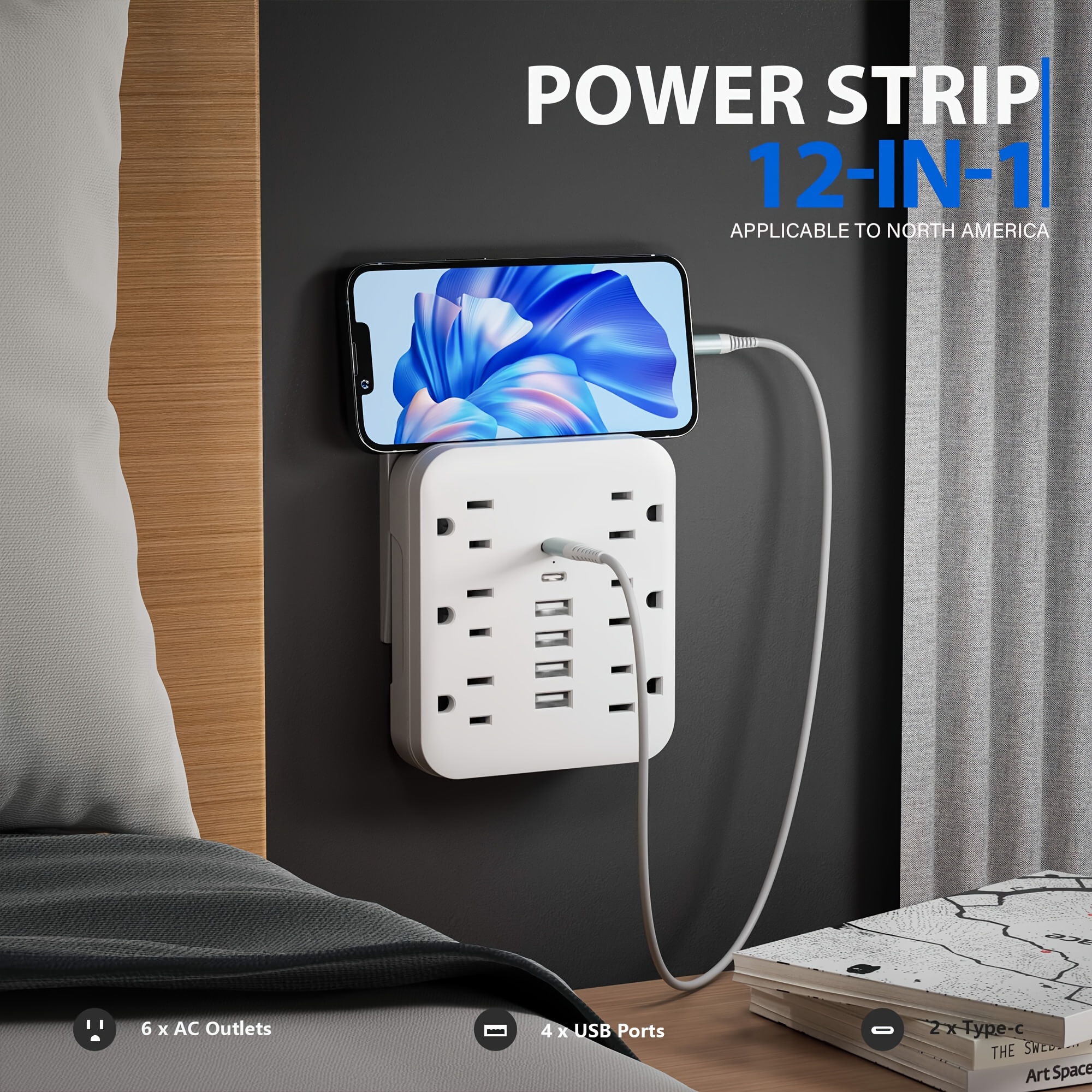 

12-in-1 Multi-plug Receptacle Extender With Usb, Wall Outlet Splitter With 4 Usb Ports (2 Usb Type-c) And 6 Receptacles, Ideal For Home, Office, And Travel