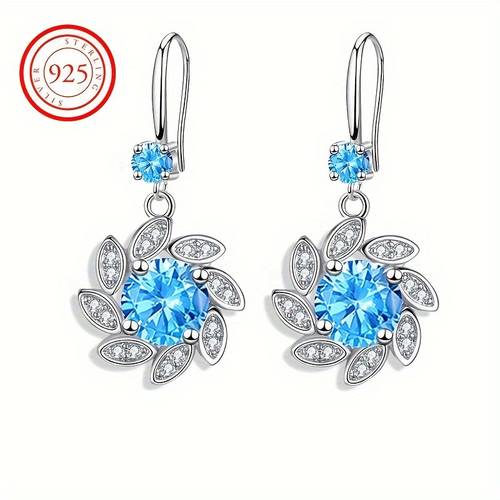 S925 Sterling Silver 2.6g/0.09oz Elegant Eight-Petal Flower Design Zirconia Decor Hook Earrings, Exquisite Holiday Party Dangle Earrings For Women, Vacation Style Jewelry
