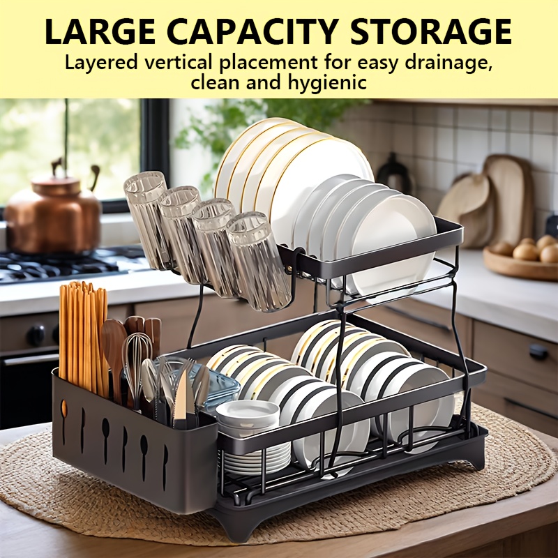 heavy duty stainless steel dish drying rack space saving two tier countertop organizer with 360 drainage system plate bowl cup utensil holders compact sink rack for modern kitchen easy to clean dish drying rack for kitchen counter clean dish storage   water drainage   cleaning system Product details 4