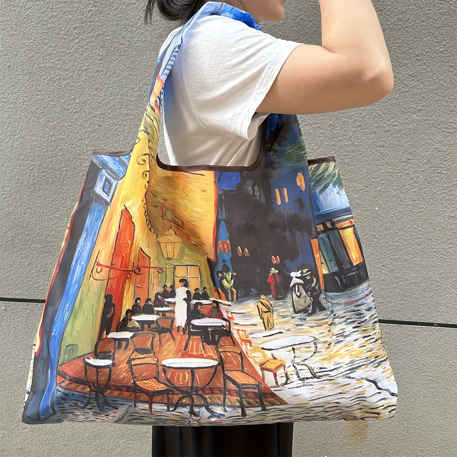 

Artistic Nylon Tote Bag, Large Capacity, Foldable, Lightweight, Painting Style, Casual Shoulder Shopper Bag