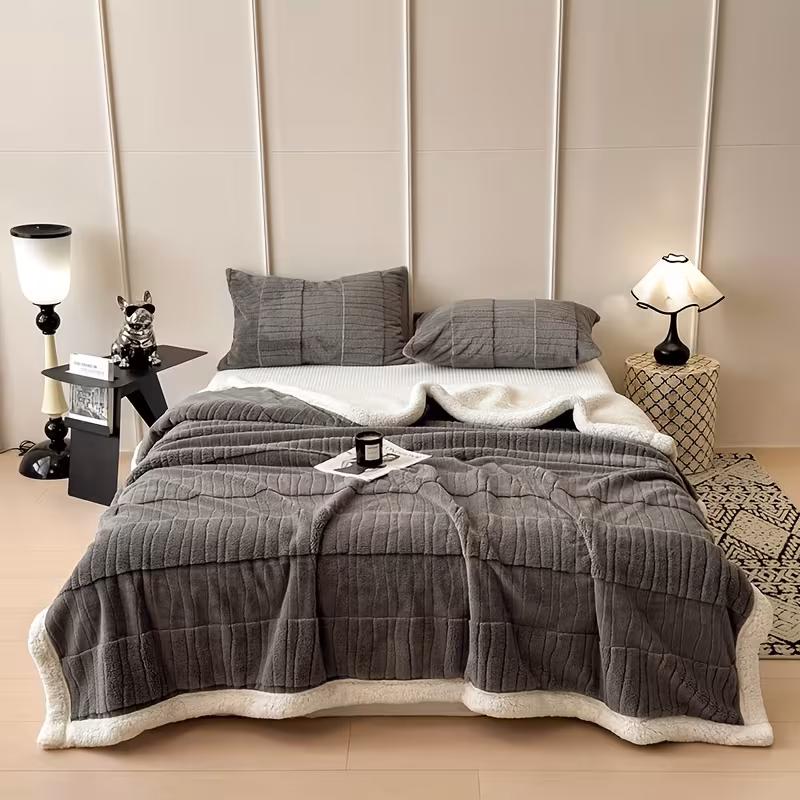 1pc luxury fleece thick double layer blanket plush winter bedspread machine washable cozy throw for bed sofa outdoor decor in brown navy burgundy dark green light green pink Product details 0
