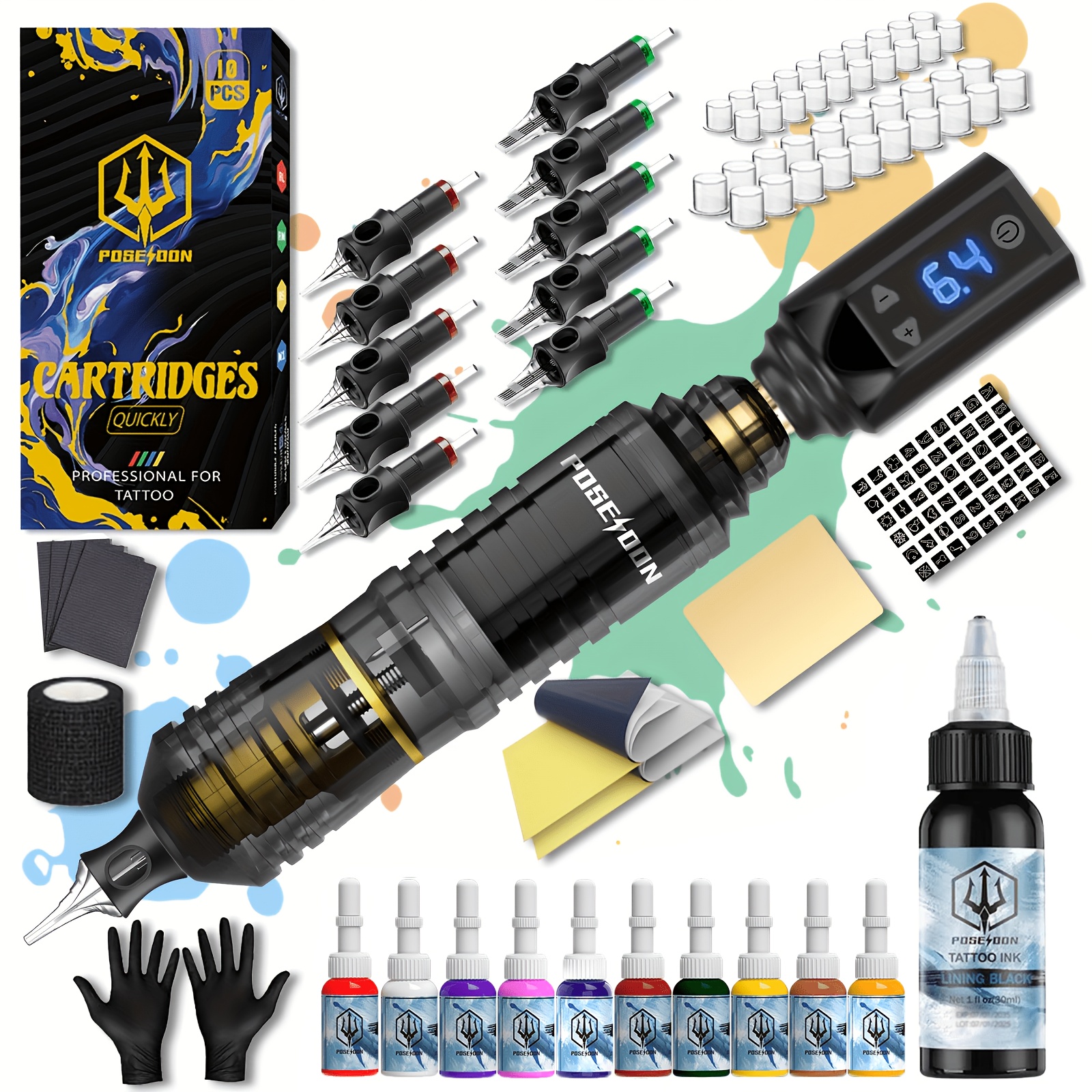 poseidon wireless tattoo tattoo gun kit with tattoo power supply and 10pcs tattoo cartridge needles complete tattoo kit 11   inks tattoo supplies for beginners