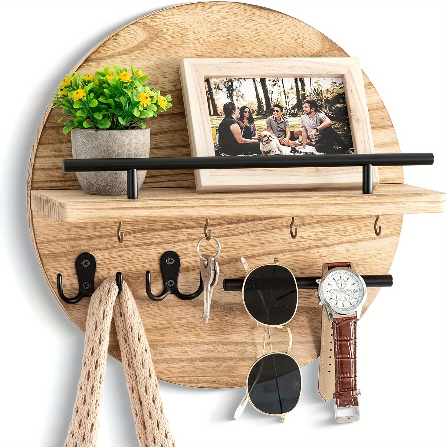 Image of Rustic Wooden Key Holder With Shelf And Hooks, Circular Wall-mounted Mail Organizer, Entryway Key Rack With Fashion Glasses Holder, Boho Home Decor
