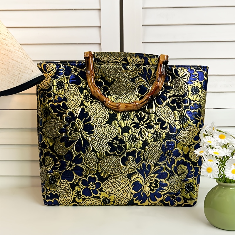 

Elegant Embroidered Canvas Tote With Bamboo Handle - Large Capacity, Zip Closure, Fade-resistant, Work & Travel - Royal Blue/golden