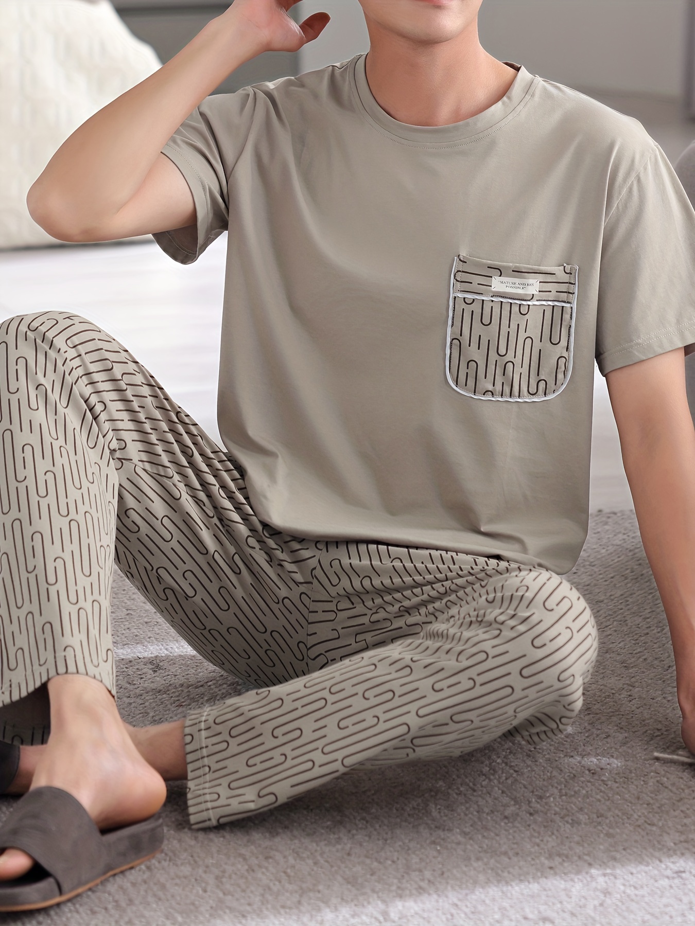 Men's Lightweight Cotton Pajama Set - Casual Solid Color Short Sleeve Tee & Pants, Breathable Summer Sleepwear with Pockets