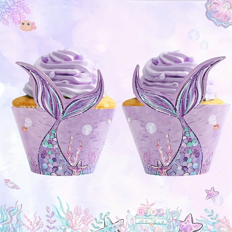 

6pcs Mermaid Cupcake Paper Wrappers, Little Mermaid Happy Birthday Party Decoration, Wedding Party Dessert Muffin Food Wrappers Cake Baking Packing Decor