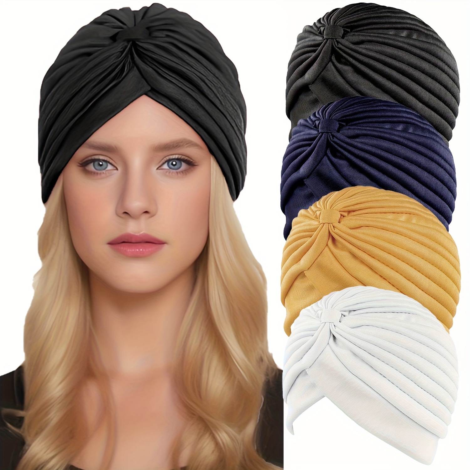 

4pcs Solid Color Turban Hats For Women, Pleated Elastic Crisscross Head Wraps, Casual Head Scarves, Stretchy Chemo Hats