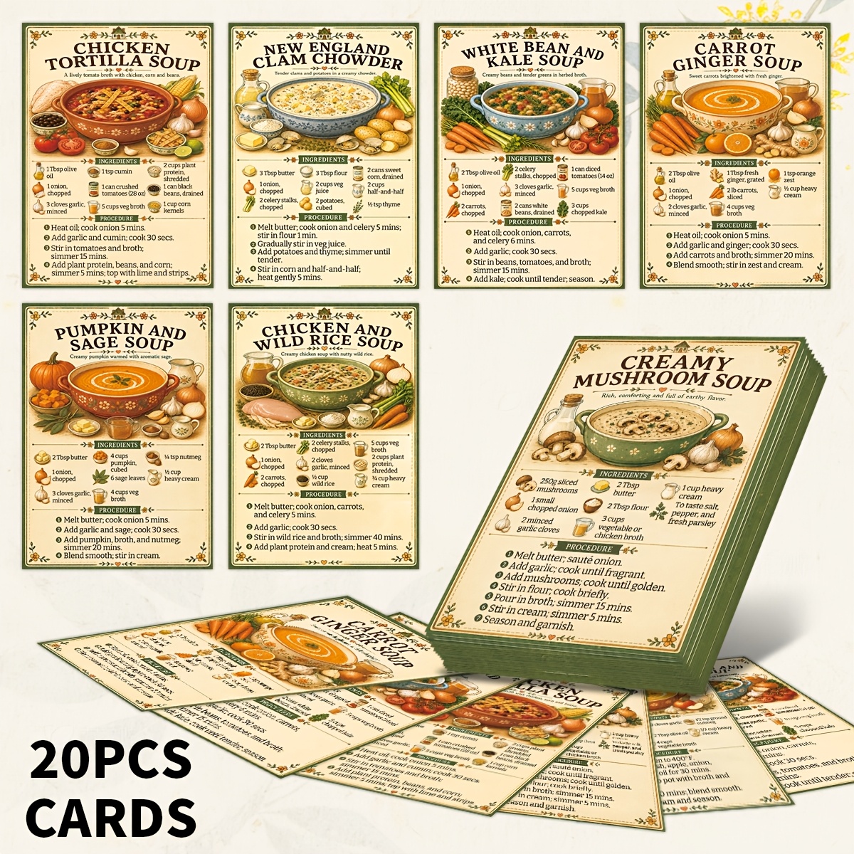 TEMU 20pcs Suitable For Kitchen Use Soup Recipe Cards - Retro Cooking Booklets With Lists & Guides, Decorative Suitable For Wall Decor, Recipe