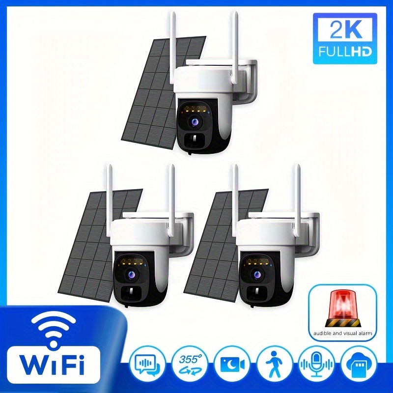 Image of 3pcs Pan Tilt 355° Solar Panel Powered Outdoor Wireless Security Camera With Color Night Vision, 2-way Talk, Motion Detection, Perfect Gift For Birthdays, Easter, 's Day, Boys & Girlfriends