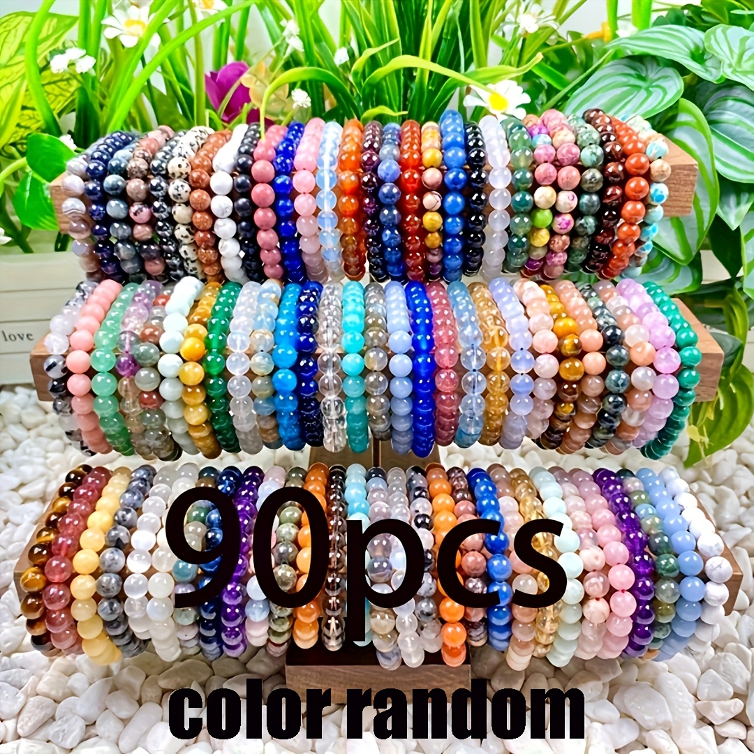 Image of 90pcs Random Color Pcs Handmade Retro Glass Bead Bracelets Suitable For Women, Multicolor Elastic Wristbands With Random Color Glass Beads, No Coating Jewelry For Daily Wear, Parties, Festivals