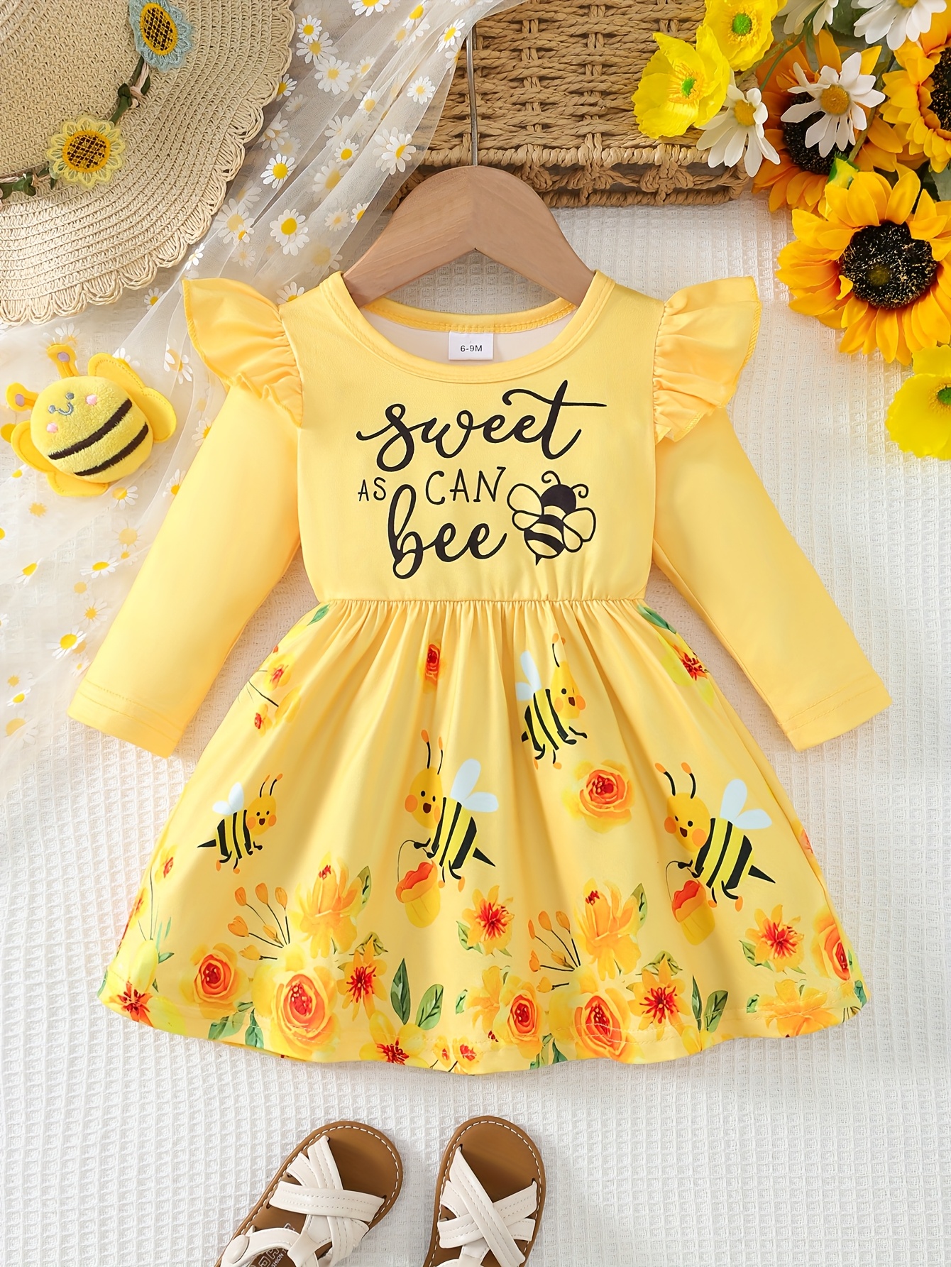 1pc baby girl cute bee floral print ruffle hem a line dress Temu