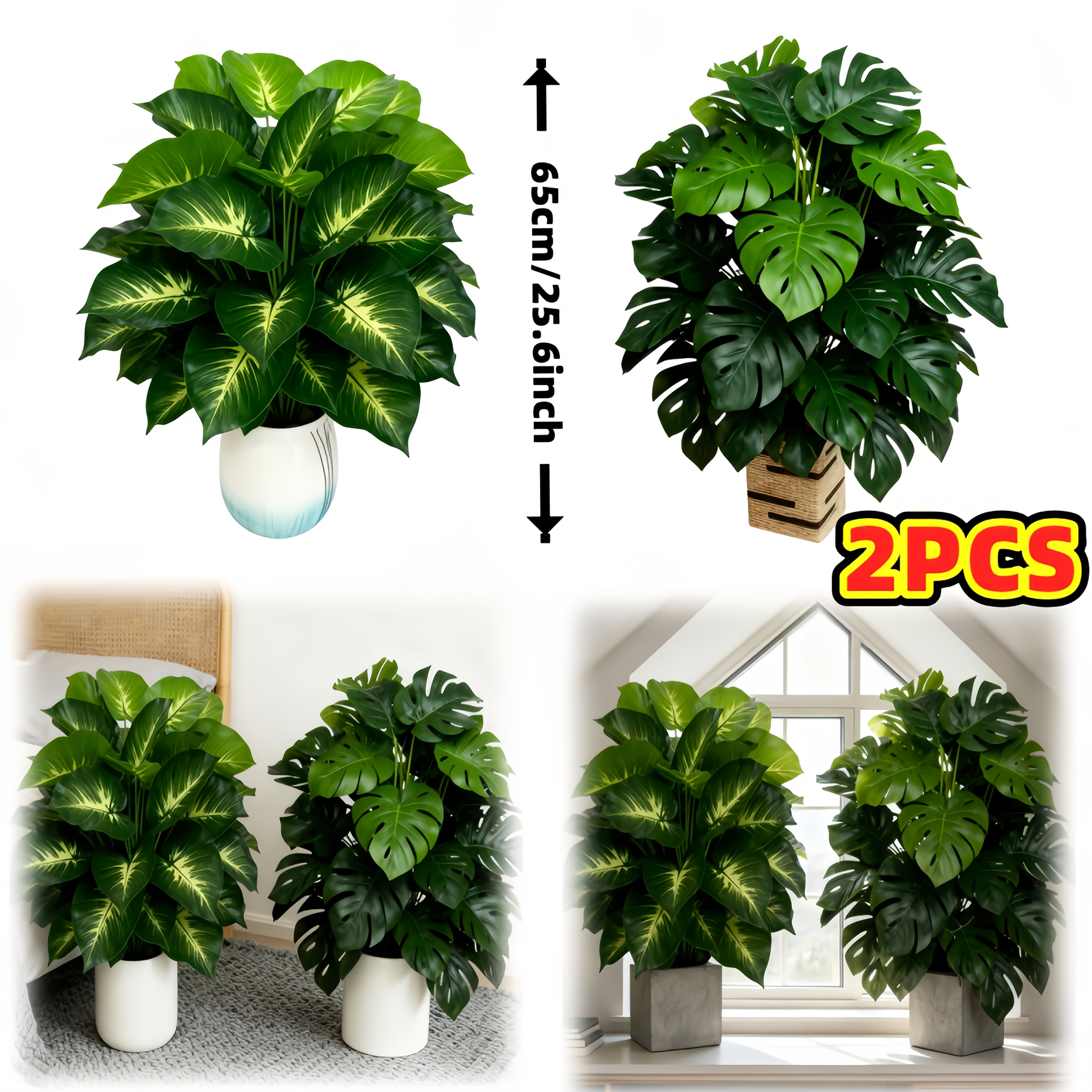 Image of 2 Large Artificial Evergreen And Monstera Combination Sets - Leaves, Palm Plants, Indoor/outdoor Decoration, Suitable For Christmas, Thanksgiving, Wreath Day And | No Watering Required
