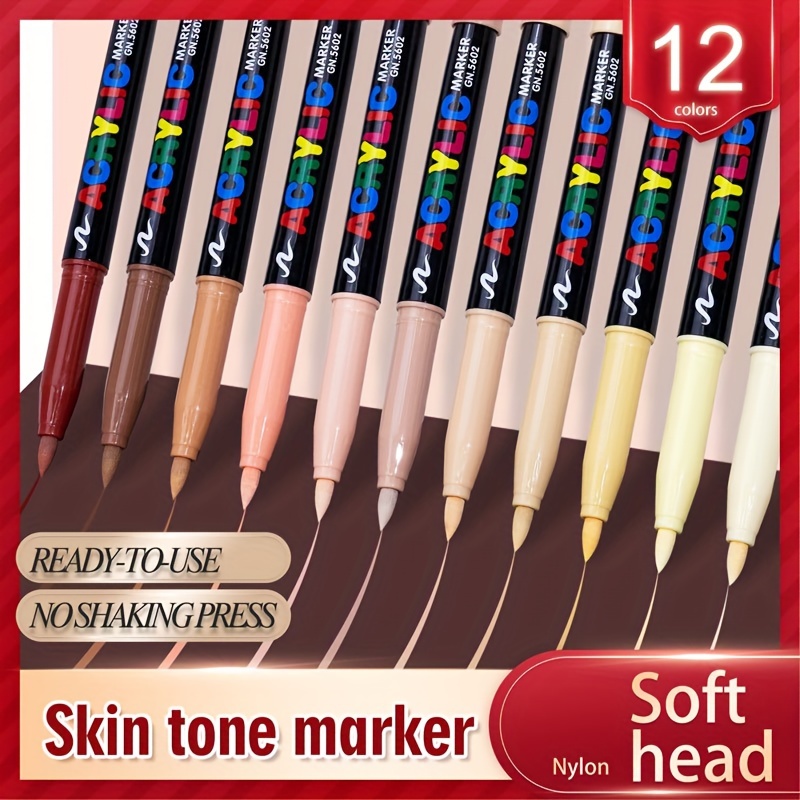 

12pcs, 12-color Skin Tone Marker Soft-head Marker Waterproof Marker Doodle Pen Diy Ledger Drawing Pen