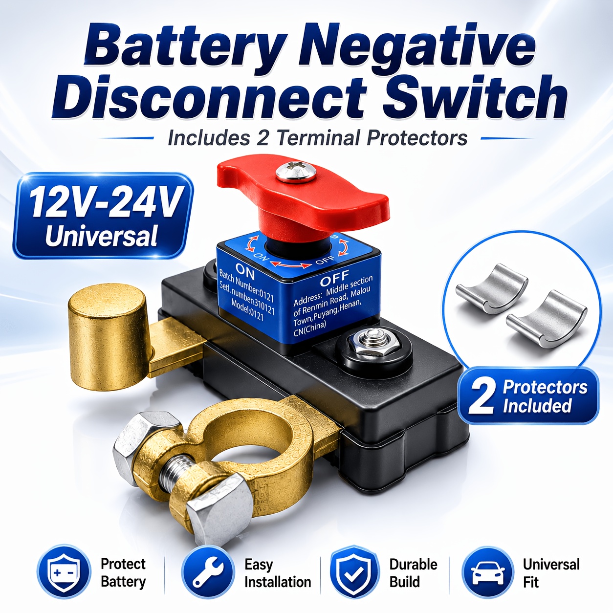 TEMU Interrupteur de déconnexion négative de batterie 12V-24V avec 2 protège-bornes, interrupteur coupe-circuit rapide d'isolement de batterie,