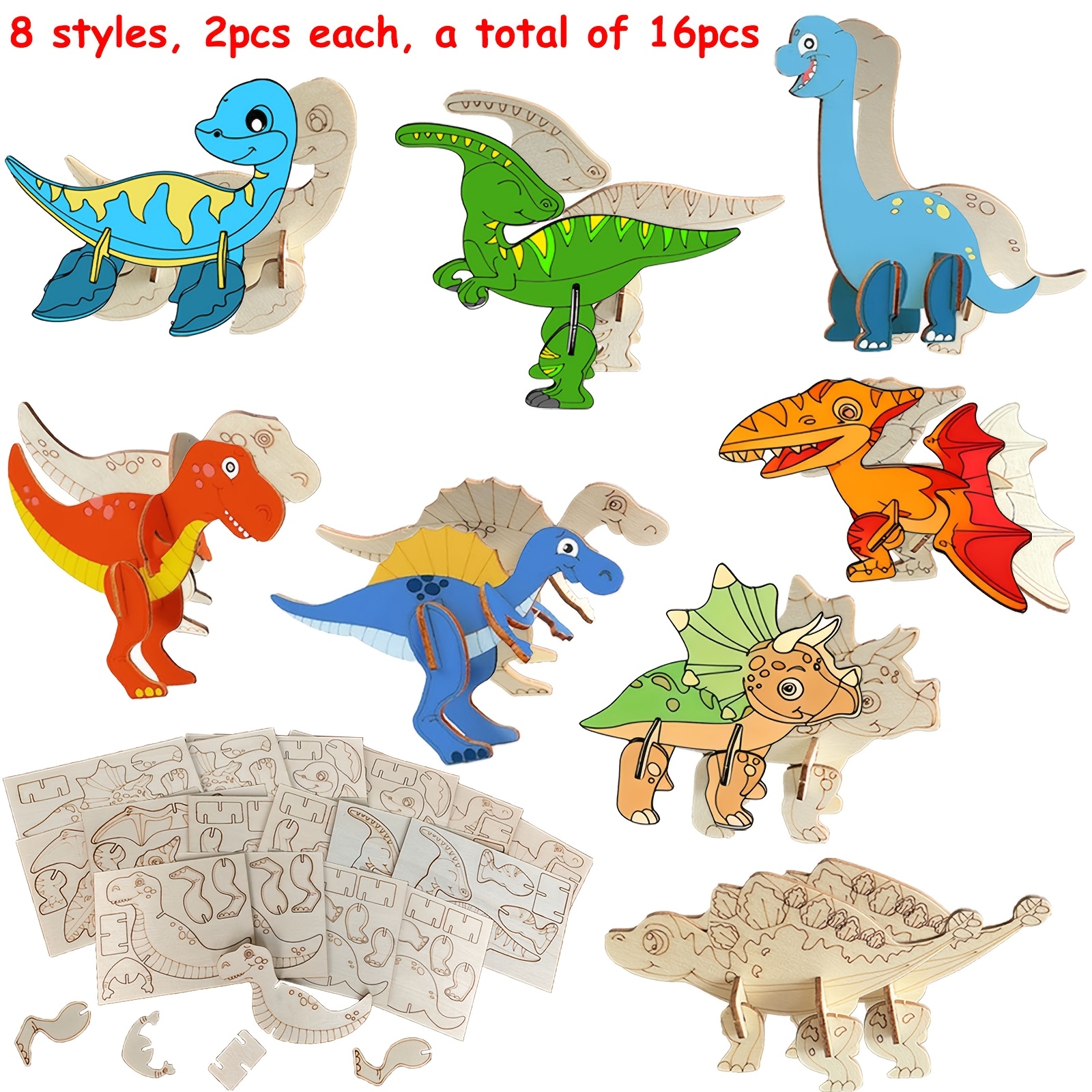 Image of A Set Of 16 Wooden Dinosaur Craft Kits For Kids, Including 3d Dinosaur Puzzles For Painting, Craft Kits For Children, Birthday Toys, Creative Craft Sets, Perfect For Birthday Gifts And Handmade Crafts