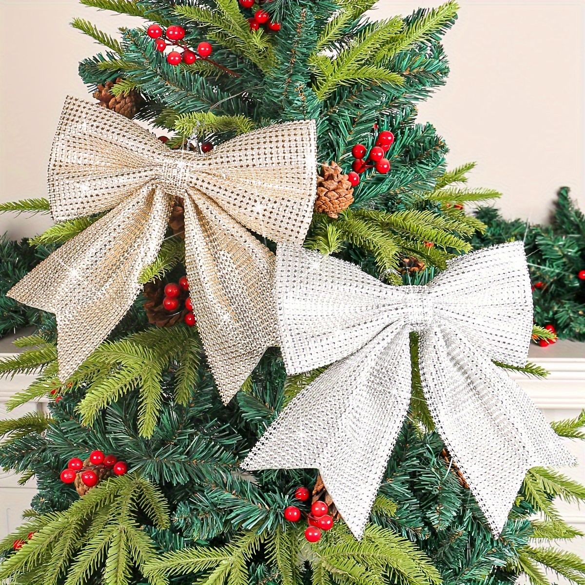 

Sparkling Bow Christmas Tree Ornament - Large Topper Decoration, No Power Needed