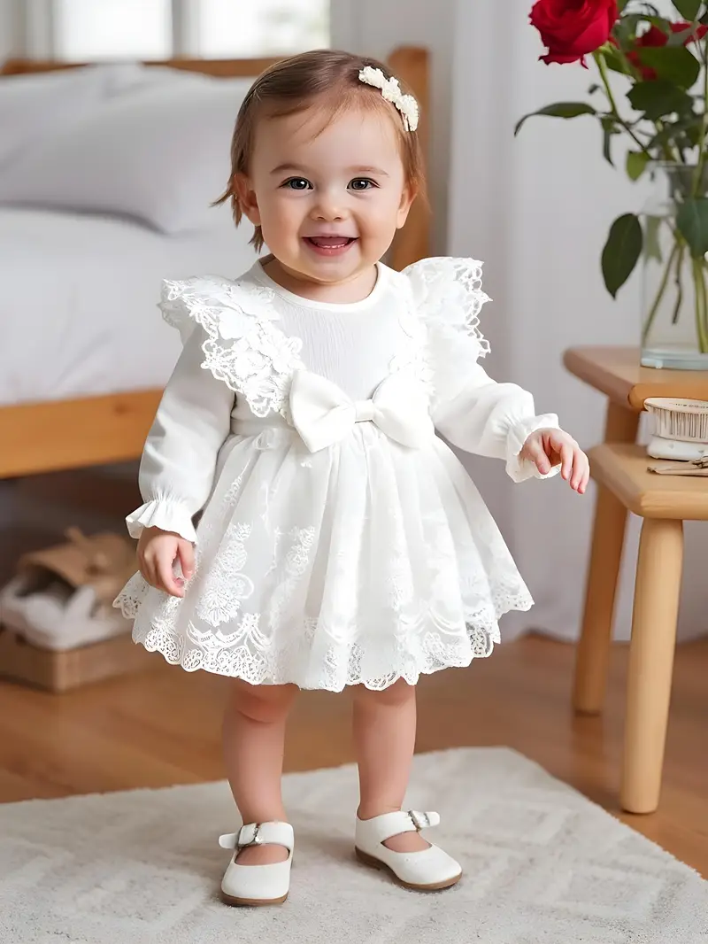 2pcs Infant Floral Embroidery Mesh Lace Bow Long Sleeve Dress And 3D Flower Headscarf Court Style * Gown * Elegant Outfit 2pcs Infant Floral Embroidery Mesh Lace Bow Long Sleeve Dress And 3D Flower Headscarf Court Style * Gown * Elegant Outfit