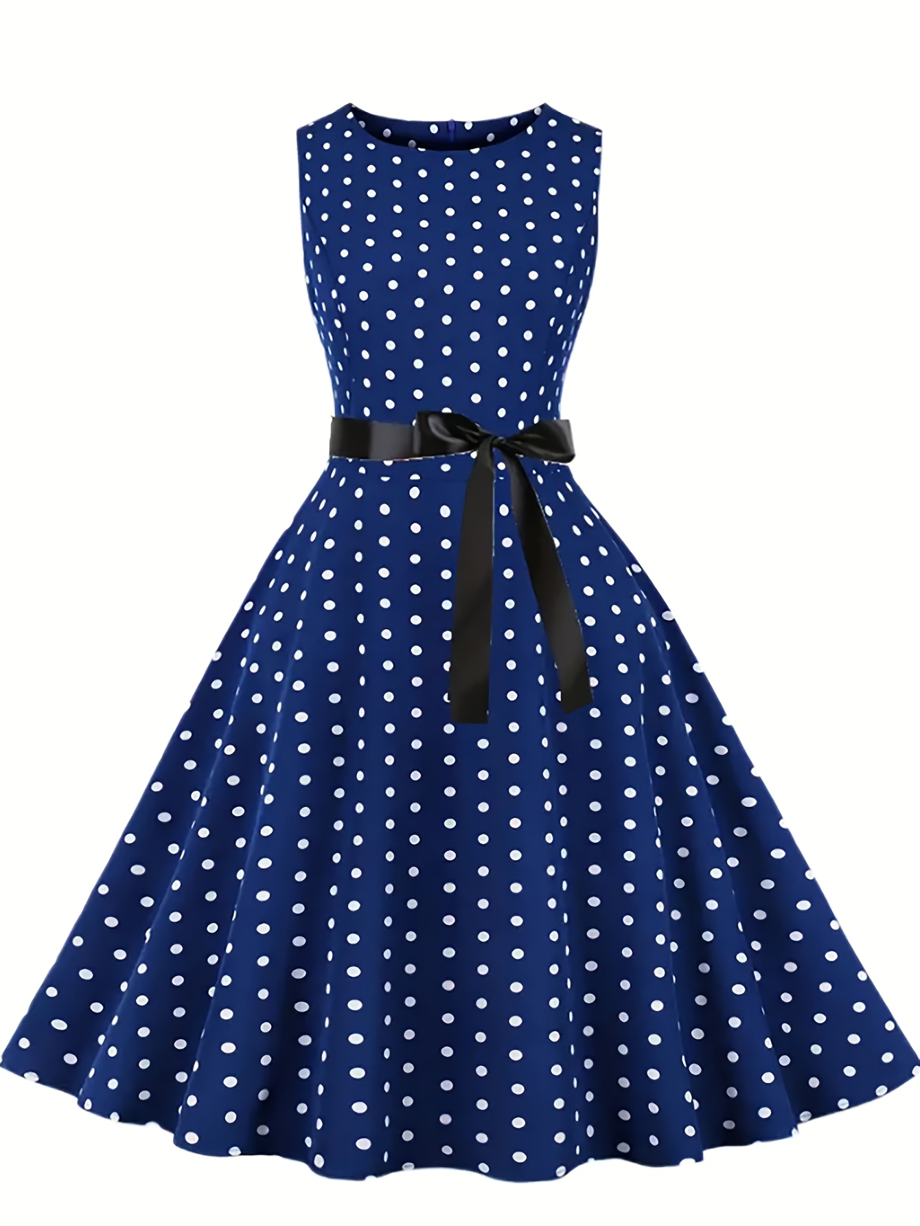 Women's Vintage Polka Dot Dress Blue White Round Neck A-Line Midi Dress  with Black Ribbon Belt, Machine Washable Spring Summer Casual Party Wear, 
