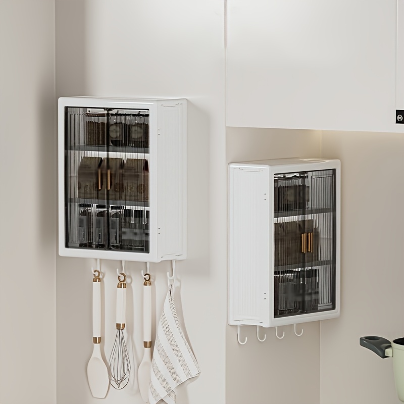 foldable wall mounted storage cabinet no drill plastic organizer with clear doors for bathroom kitchen dustproof waterproof display shelf for cosmetics and essentials spice rack foldable design durable organizer bathroom organizers and storage shelves Product details 3