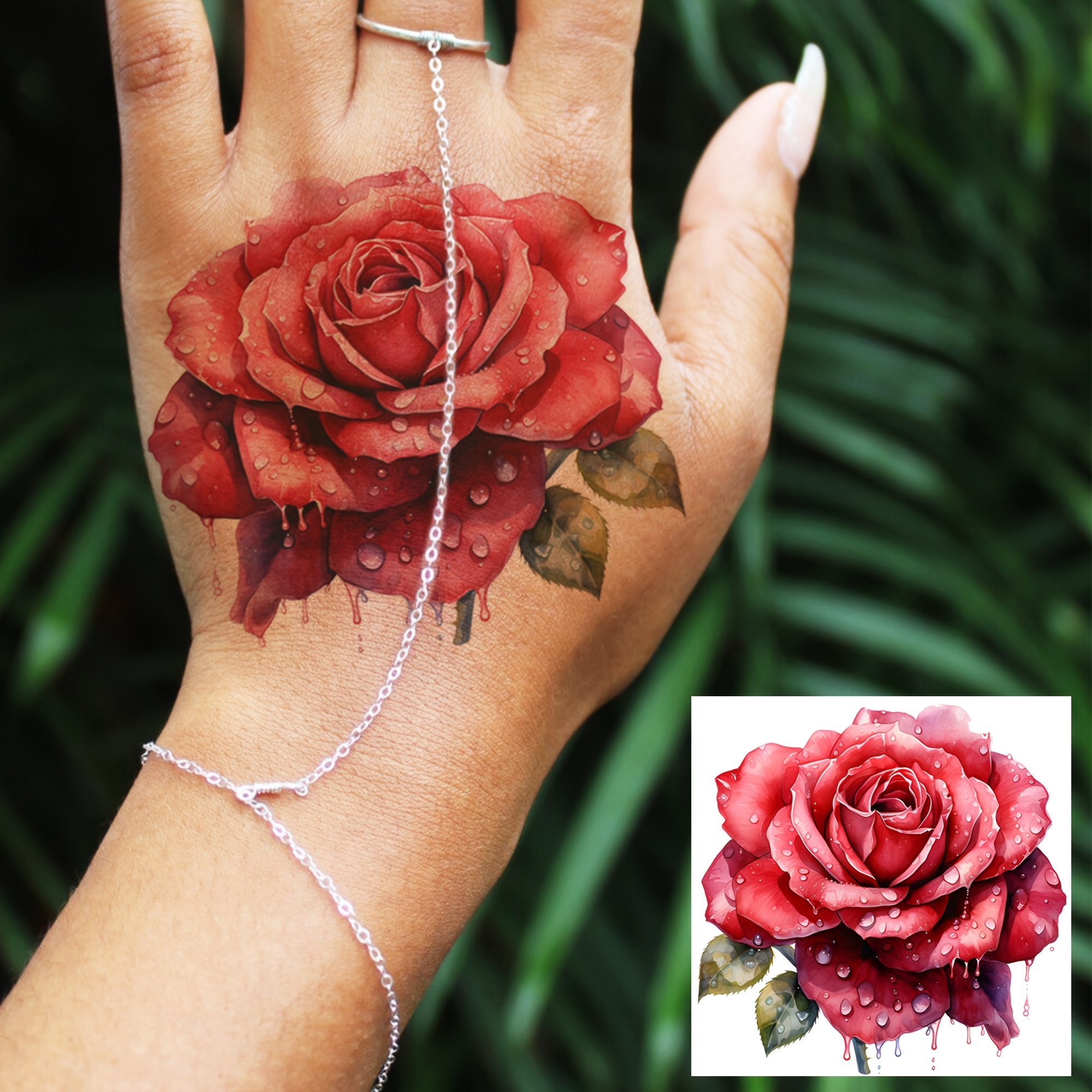 A Temporary Rose Tattoo For Men And Women, Suitable For Fingers, Ankles, Waist, Legs, Thighs, Forearms, And Calves. This Waterproof And Long-lasting Fake Tattoo Sticker Looks Realistic