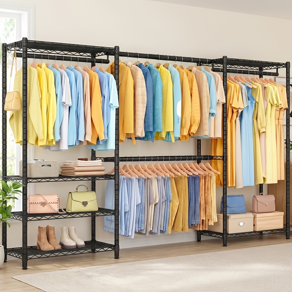 TEMU Portable Closet, Heavy Duty Extendable Clothing Rack With Adjustable Mesh Shelves, Hanging Rails, And Hooks, 15.8 .7 To 86.6 X 76.4 Inches,
