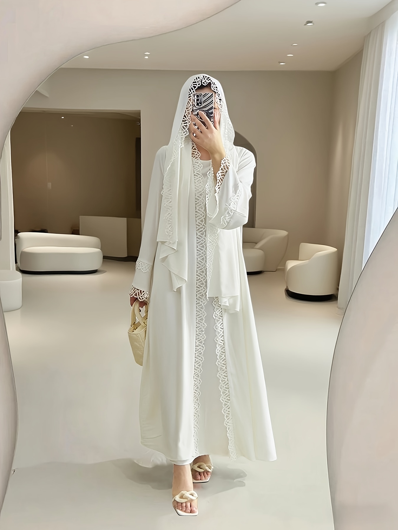 Elegant white abaya dress set with floral lace detailing perfect for Ramadan and special occasions