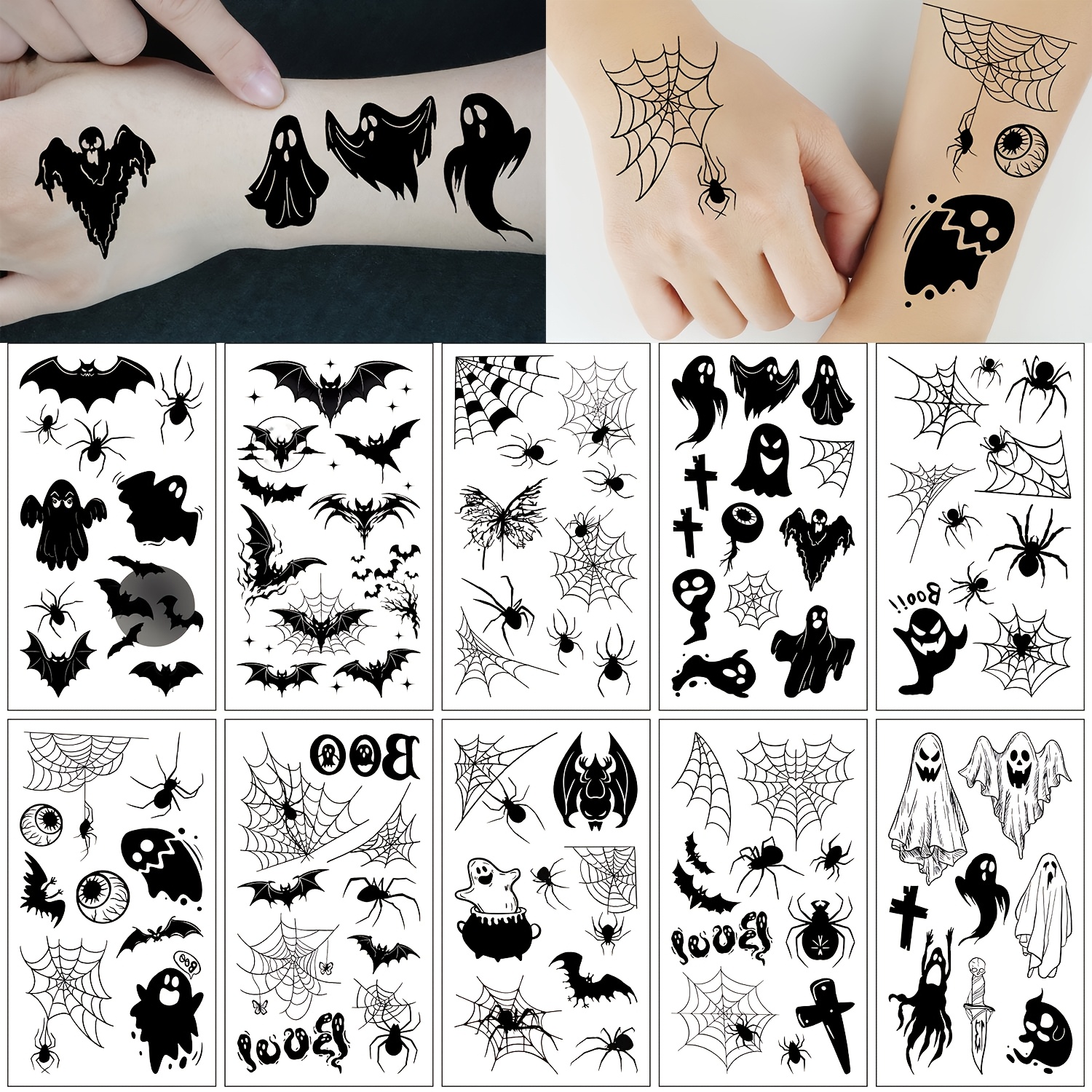 10 Sheets 98pcs Halloween Web Pattern Temporary Tattoo Stickers, Suitable For Party Temporary Makeup