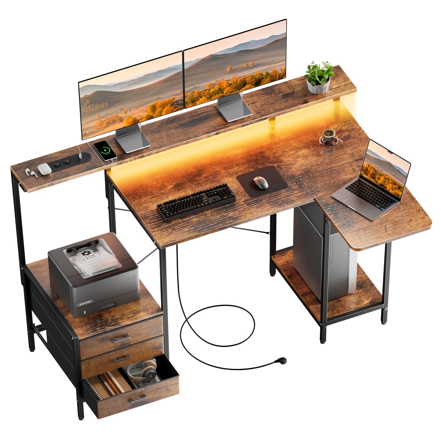 Image of 140cm Gaming Desk With Led Lights & Power Outlet, Computer Desk With 3 Fabric Drawers, Office Desk With Foldable Shelf, Multifunctional Table With Monitor Stand For Home Office, Adult