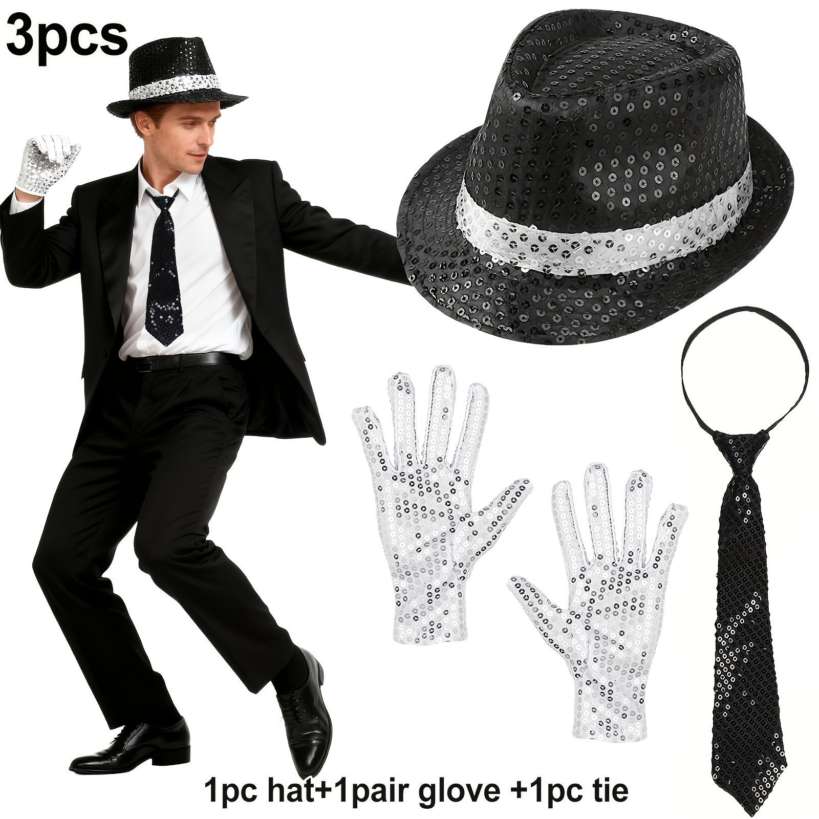 TEMU 3pcs 80s Dancer Rocker Star Sequin Costume Additions With Sequin Hat Sequin Gloves Fashion Tie Hip Hop Cosplay Set For Adults Carnival Halloween