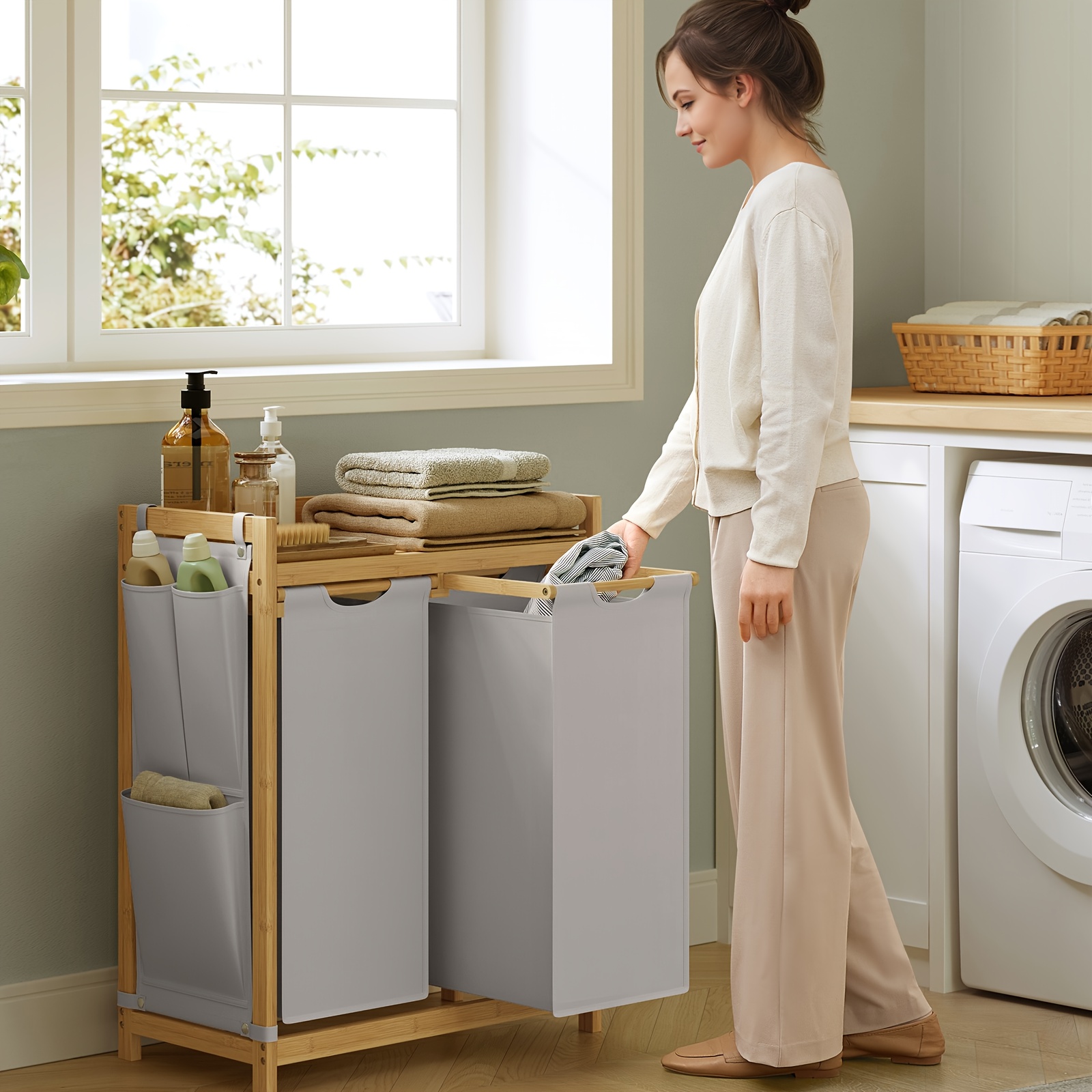 TEMU Laundry Basket With 2 Compartments, Made Of Bamboo, Laundry Collector 100l, Laundry Sorter, With Shelf, Laundry Bag, Small Side Pockets, Laundry